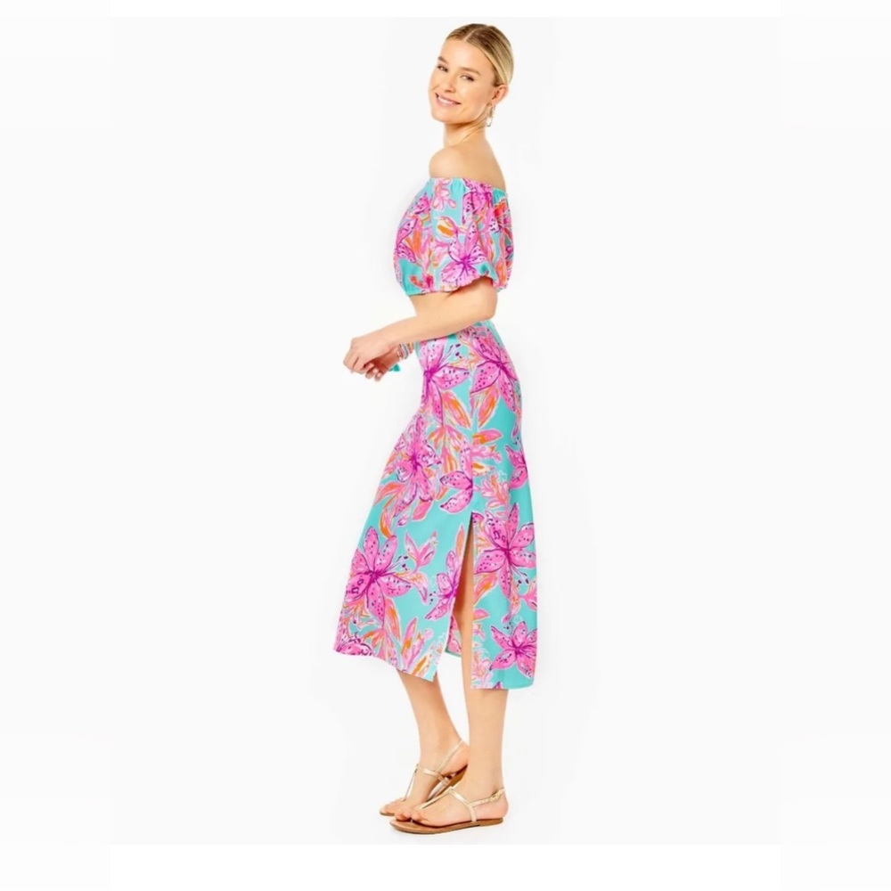 Lilly Pulitzer Esmeray Crop Top & Midi Skirt Set Surf Blue Bonita Blooms Resort - Picture 14 of 16